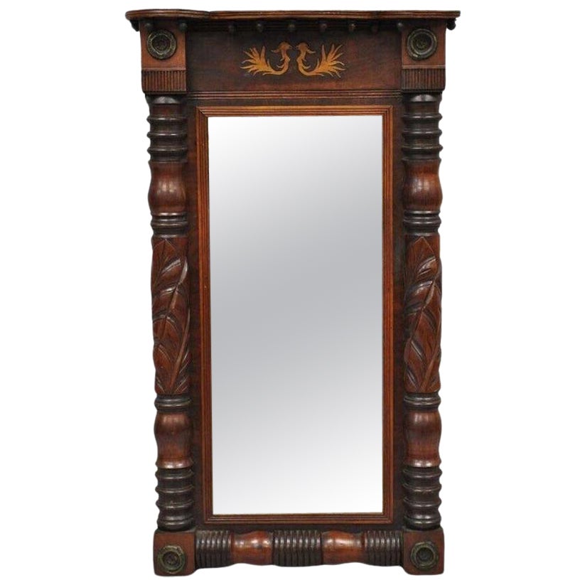 Antique American Empire Walnut Leaf Carved Pier Wall Console Mirror For Sale