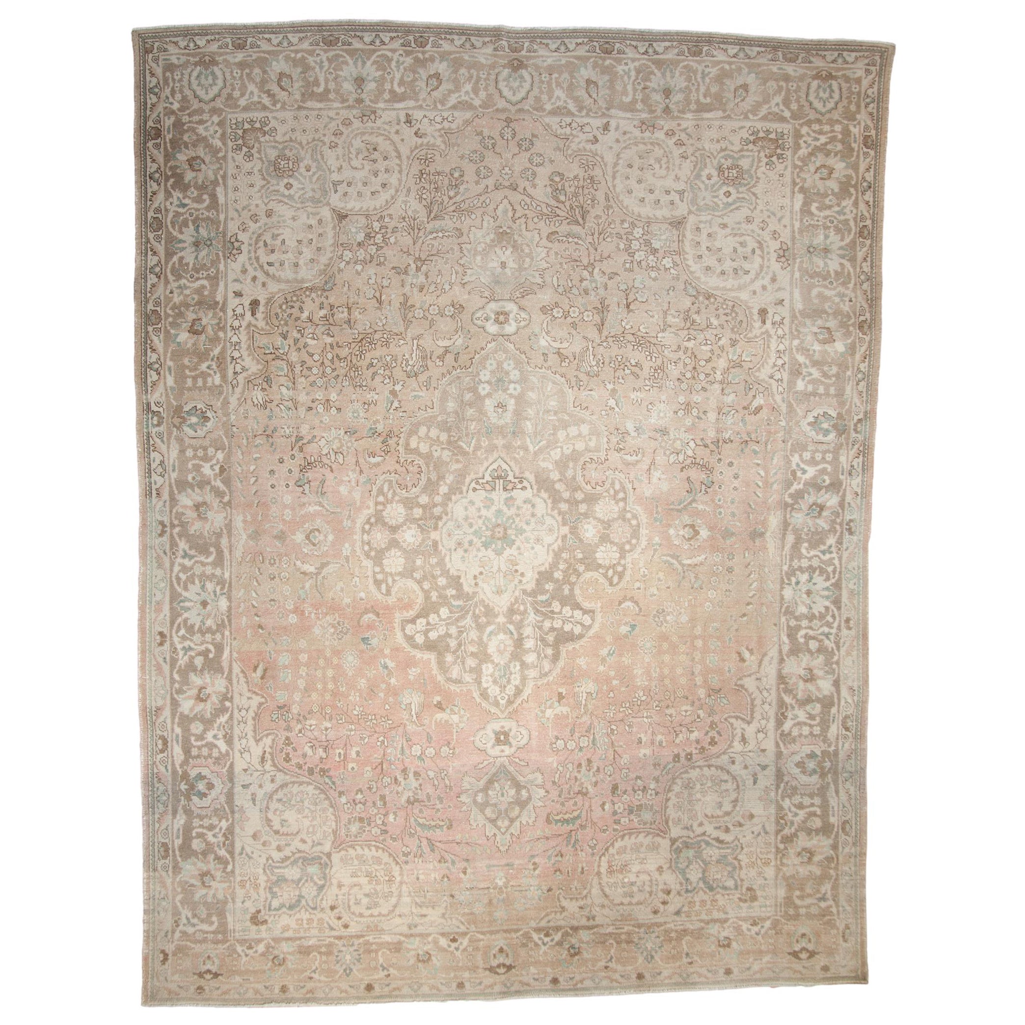 Vintage Distressed Tabriz Carpet For Sale