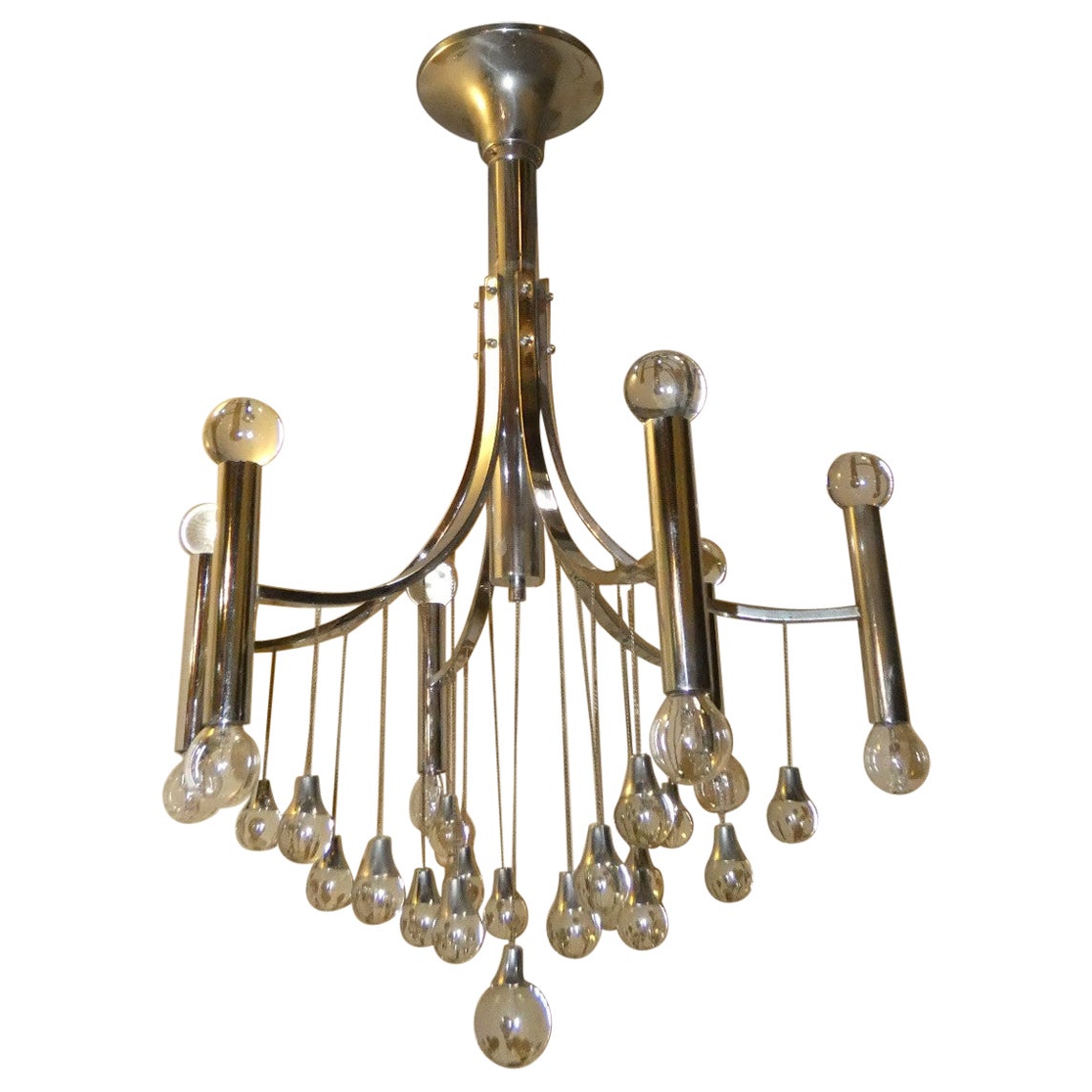 Chromed Steel and Crystal 6-light Chandelier, Italy 1970s For Sale