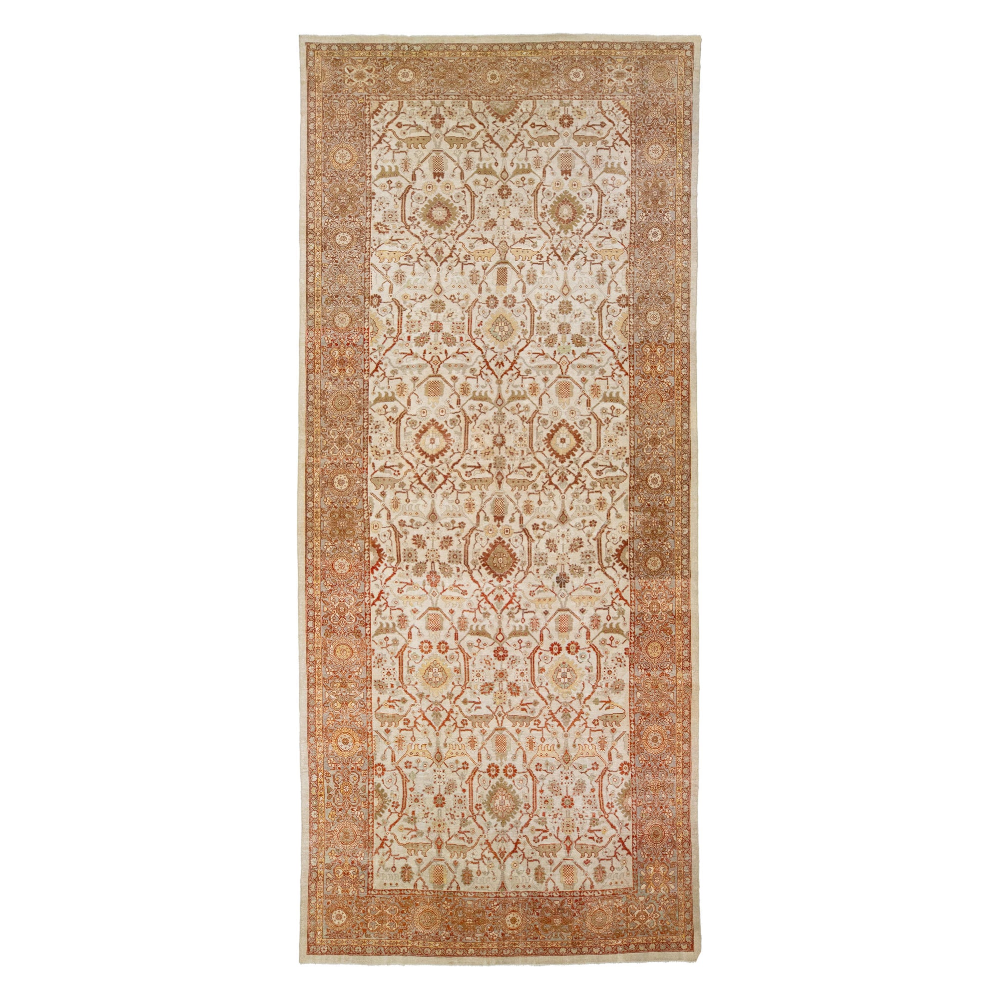 1900s Sultanabad Persian Gallery Wool Rug In Beige and Orange With Floral Motif For Sale