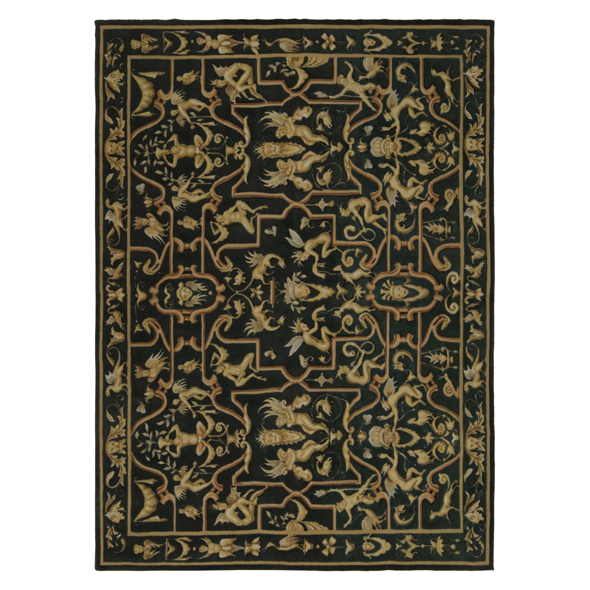 Rug & Kilim’s Tudor Style Flatweave Rug in Dark Teal with Gold Pictorial For Sale