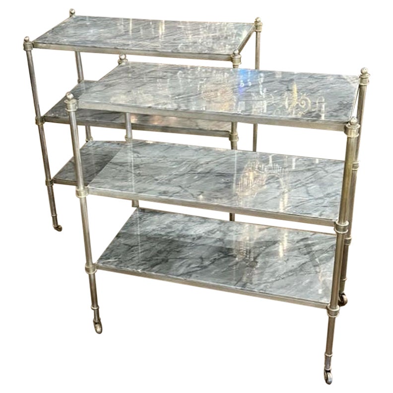 Vintage French Jansen Style Steel and Marble Etagere Tables For Sale
