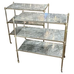 Vintage French Jansen Style Steel and Marble Etagere Tables