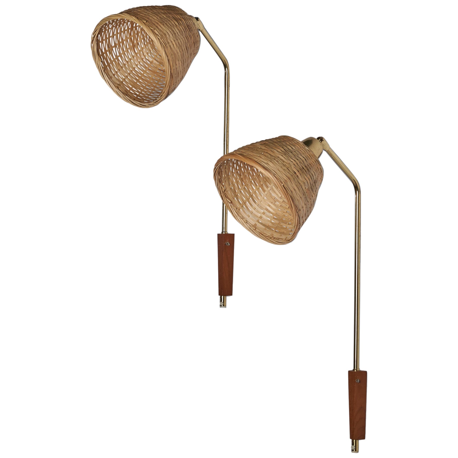 Schwedischer Designer, Wandleuchten, Messing, Rattan, Teakholz, Schweden, 1960er Jahre