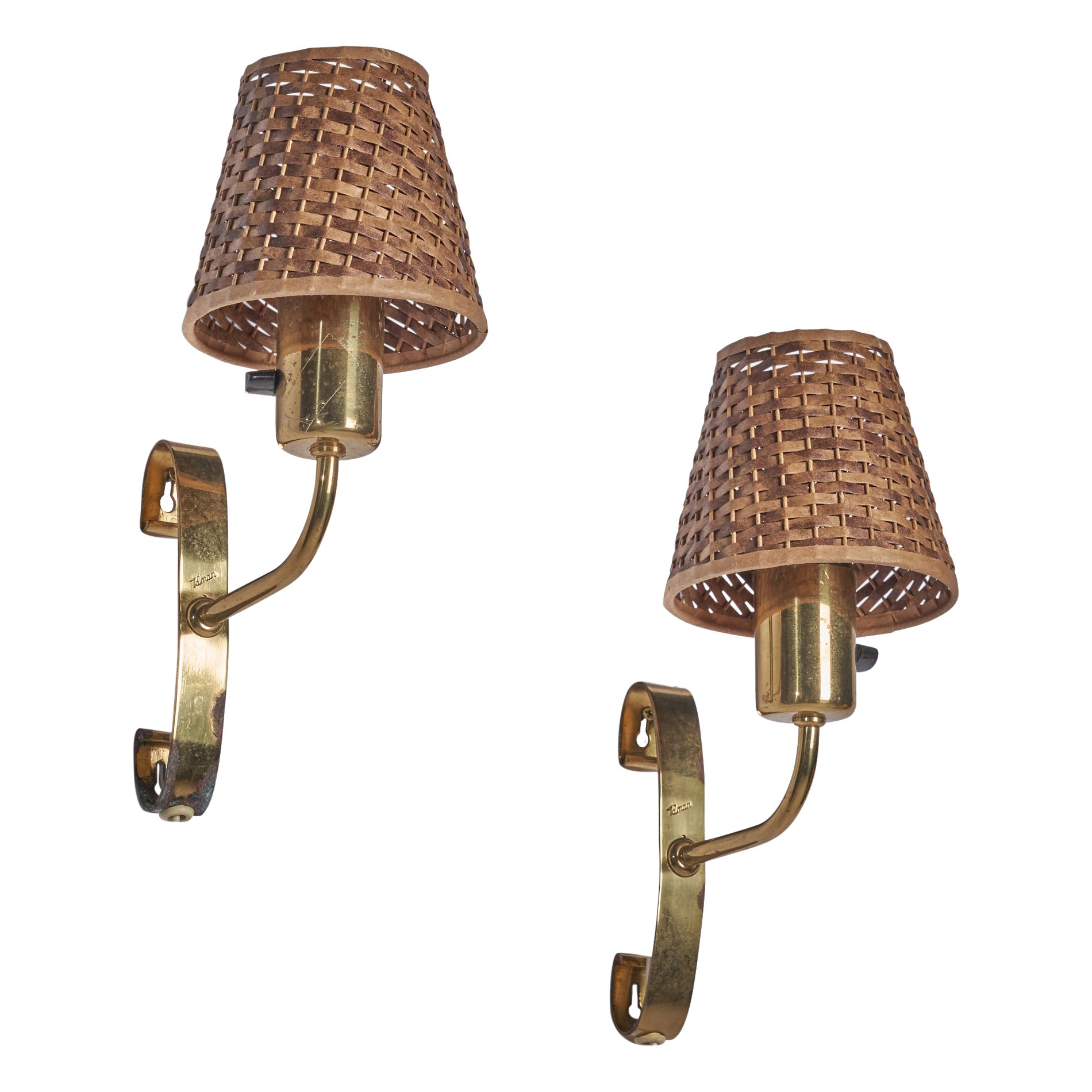 Maria Lindeman, Wall Lights, Brass, Rattan, Finland, 1950s For Sale