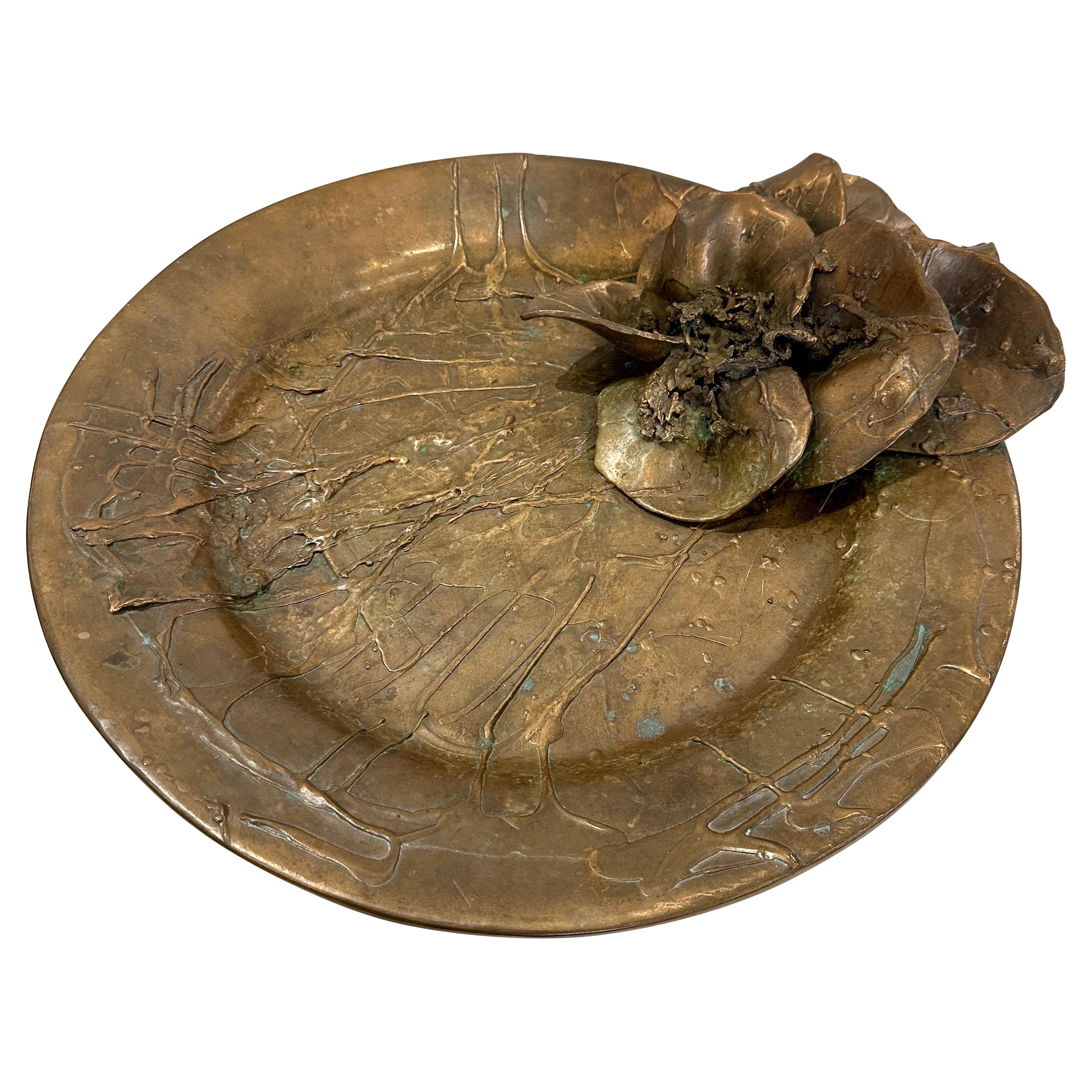 Ellen Brenner Bronze Sculptural Platter w/ Bronze Orchid Adornments (Signed) For Sale