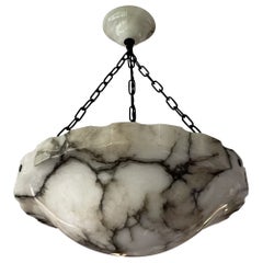 Art Deco White and Superb Black Veins Alabaster Pendant with Mint Shade & Canopy