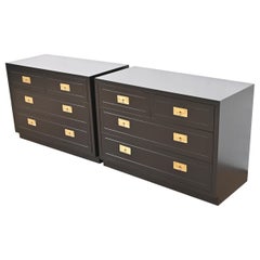 Henredon Hollywood Regency Campaign Black Lacquered Chests of Drawers, Pair