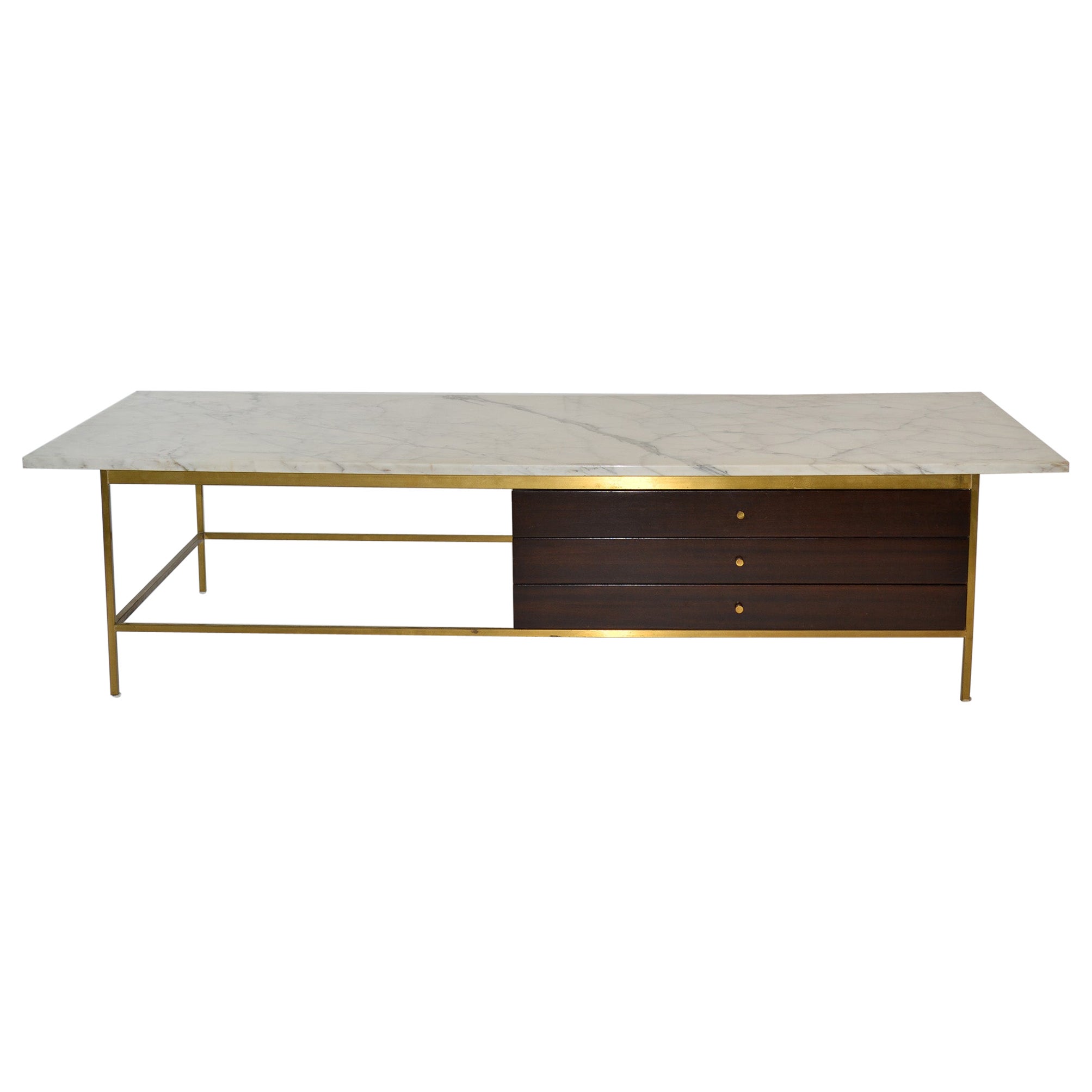 Paul McCobb for Calvin Coffee Table in Marble, Brass and Wood, Mid Century For Sale