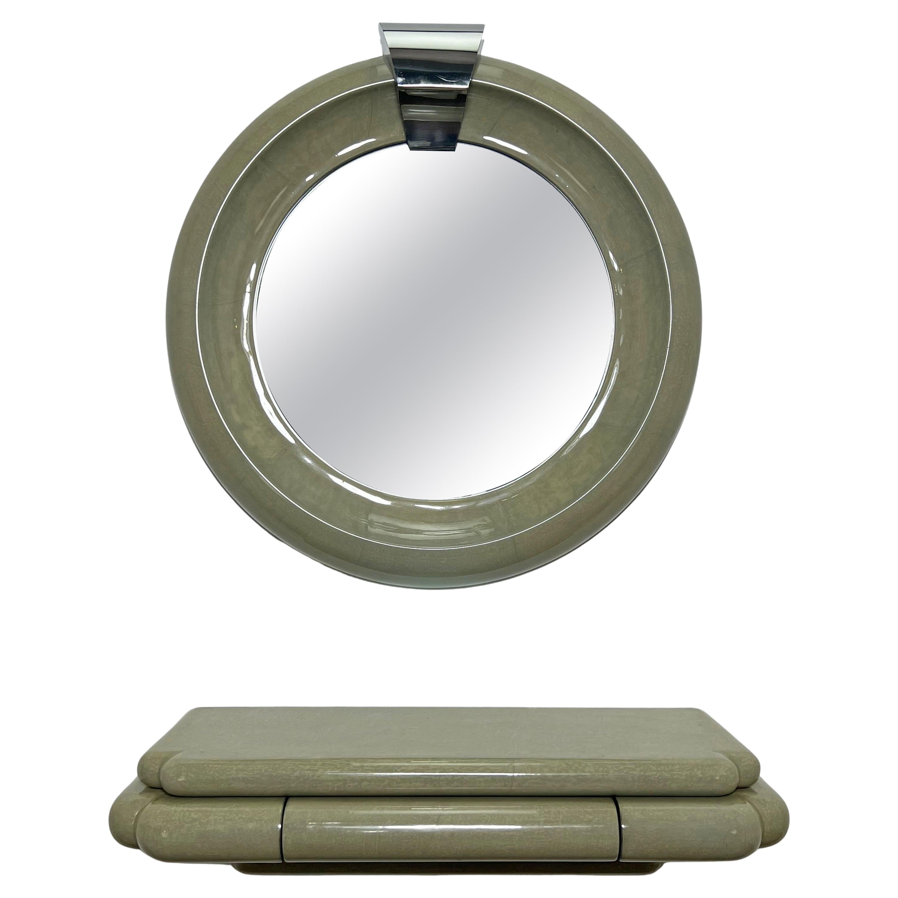 Signed Jimeco Ltda Goatskin Mirror With Matching Wall Mounted Console, d. 1987 For Sale