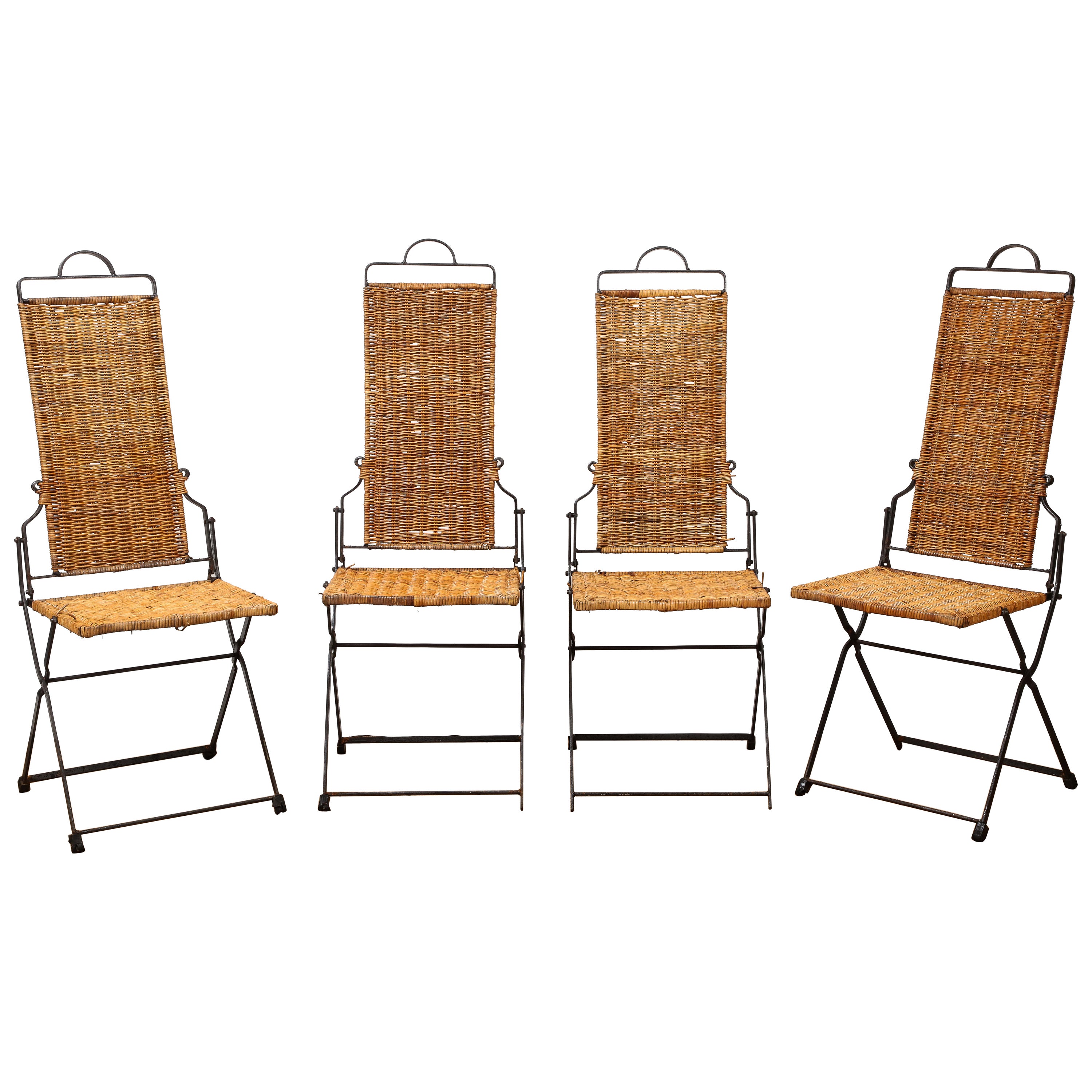 Set of Four French Provincial Style Wicker and Iron Folding Chairs 
