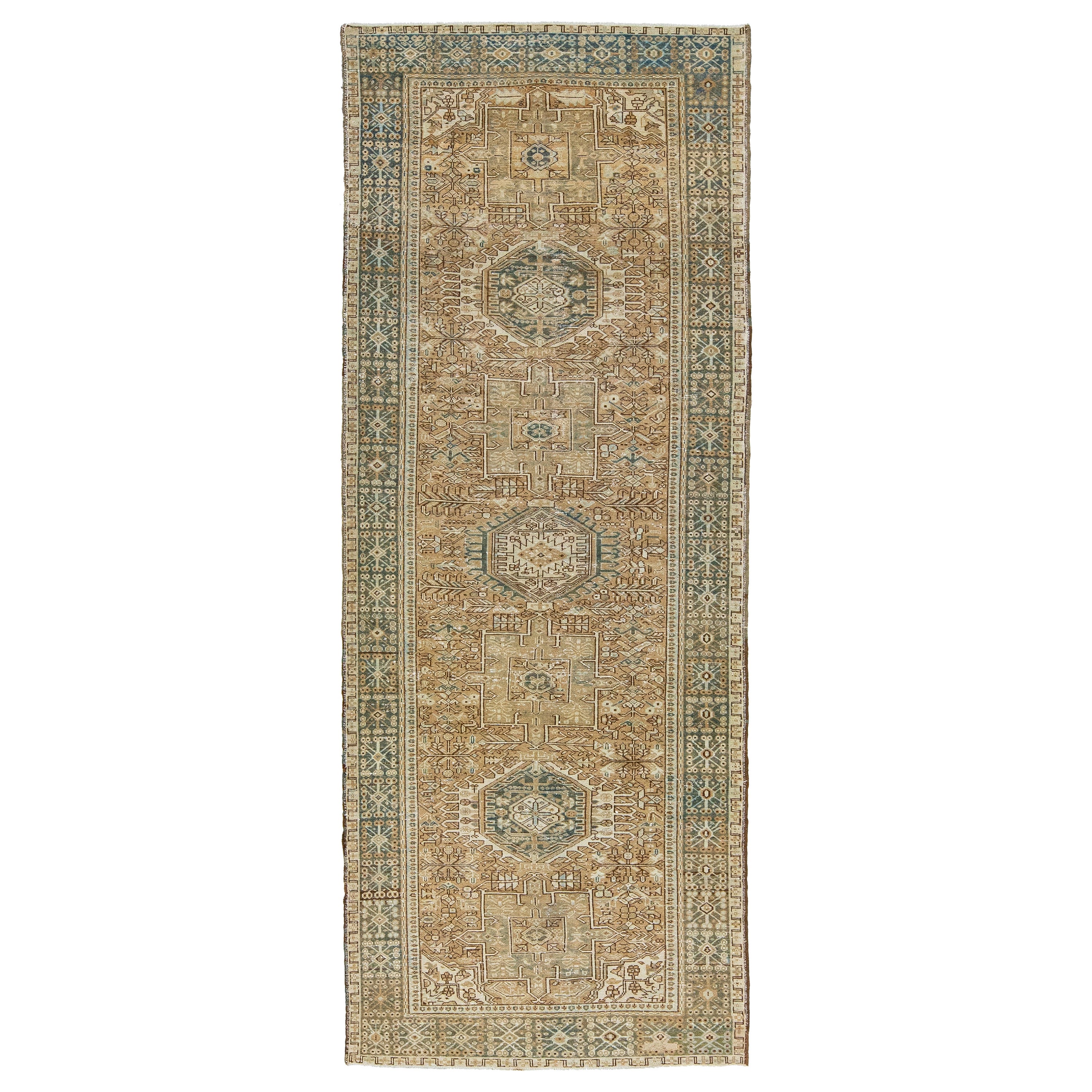 Geometric Antique Heriz Handmade Wool Runner featuring a Brown Field For Sale