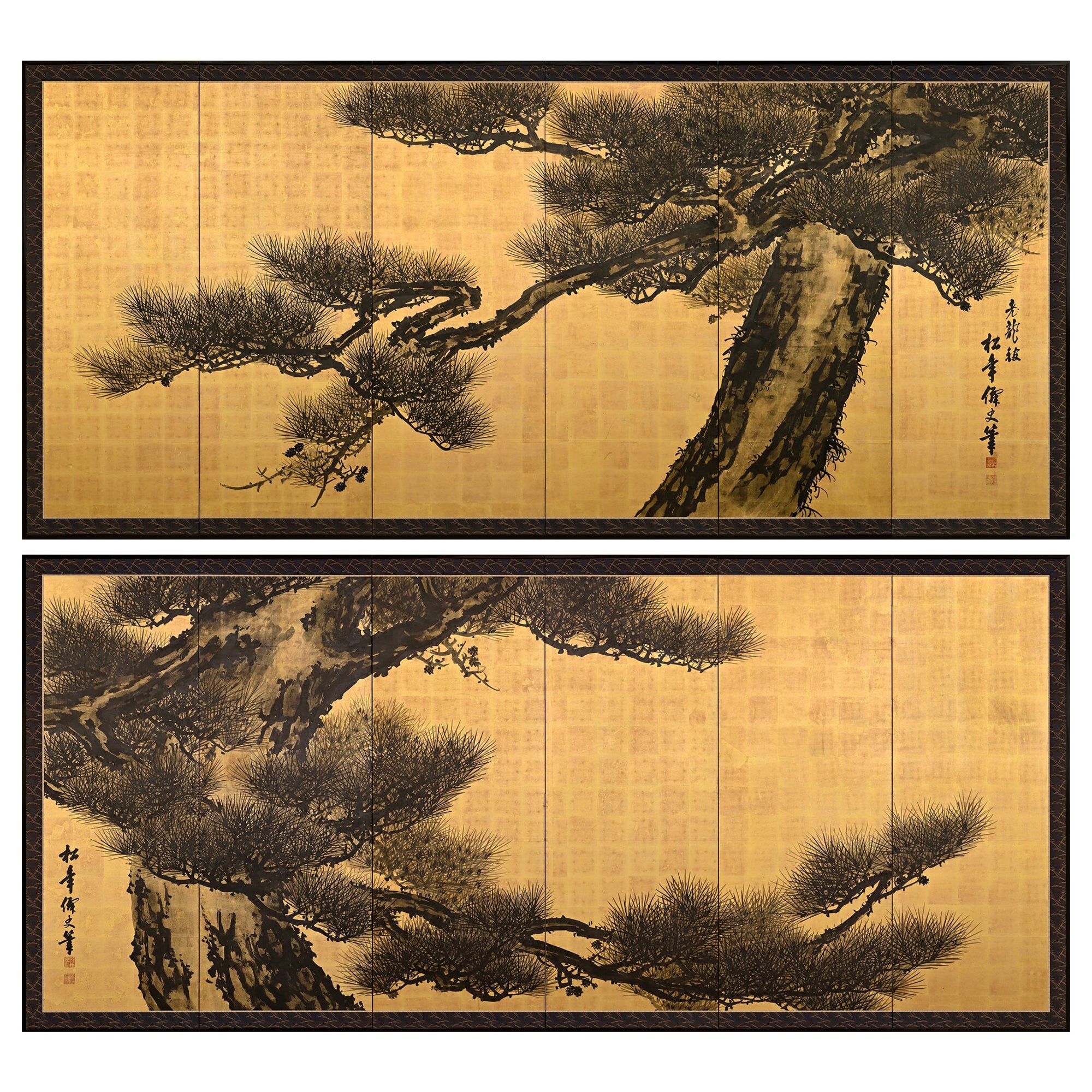 Circa 1900 Japanese Pine Screen Pair. Aged Dragons by Suzuki Shonen.