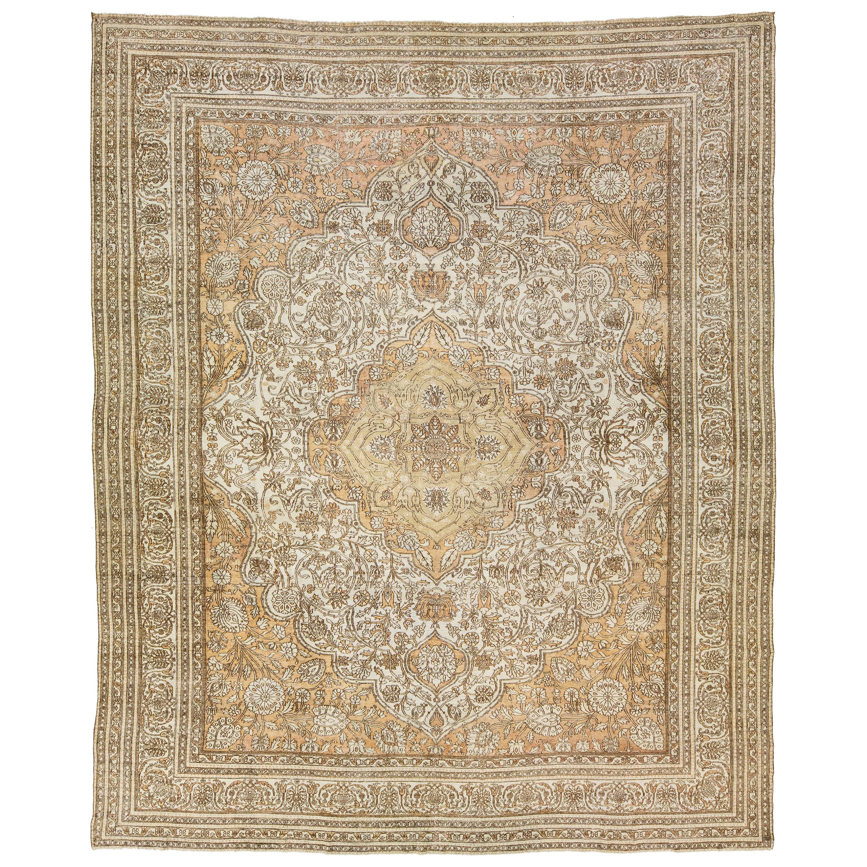 1900 Antique Indian Agra Wool Rug in Ivory and Tan with Medallion Design