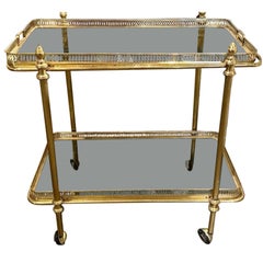 Vintage French Polished Brass Bar Cart with Black Glass