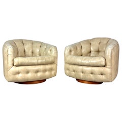 Pair Milo Baughman Thayer Coggin Walnut Tufted Barrel Swivel Lounge Chairs 1960s