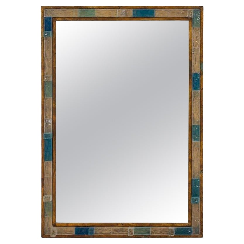 Blue Hammered Glass Gilt Wrought Iron Mirror by Poliarte, Italy, 1970s