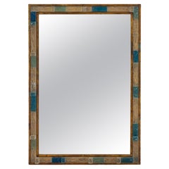 Blue Hammered Glass Gilt Wrought Iron Mirror by Poliarte, Italy, 1970s