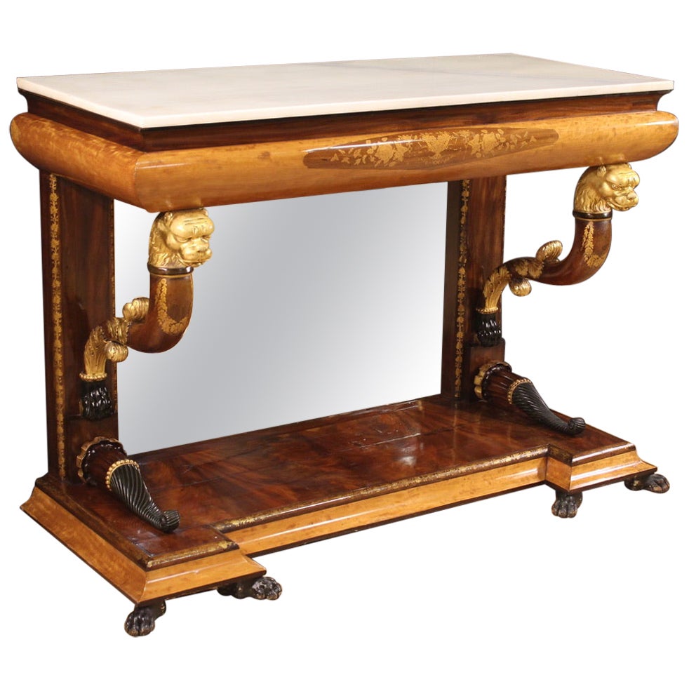 19th Century Gold Wood Marble Top Spanish Antique Console Table, 1860 For Sale