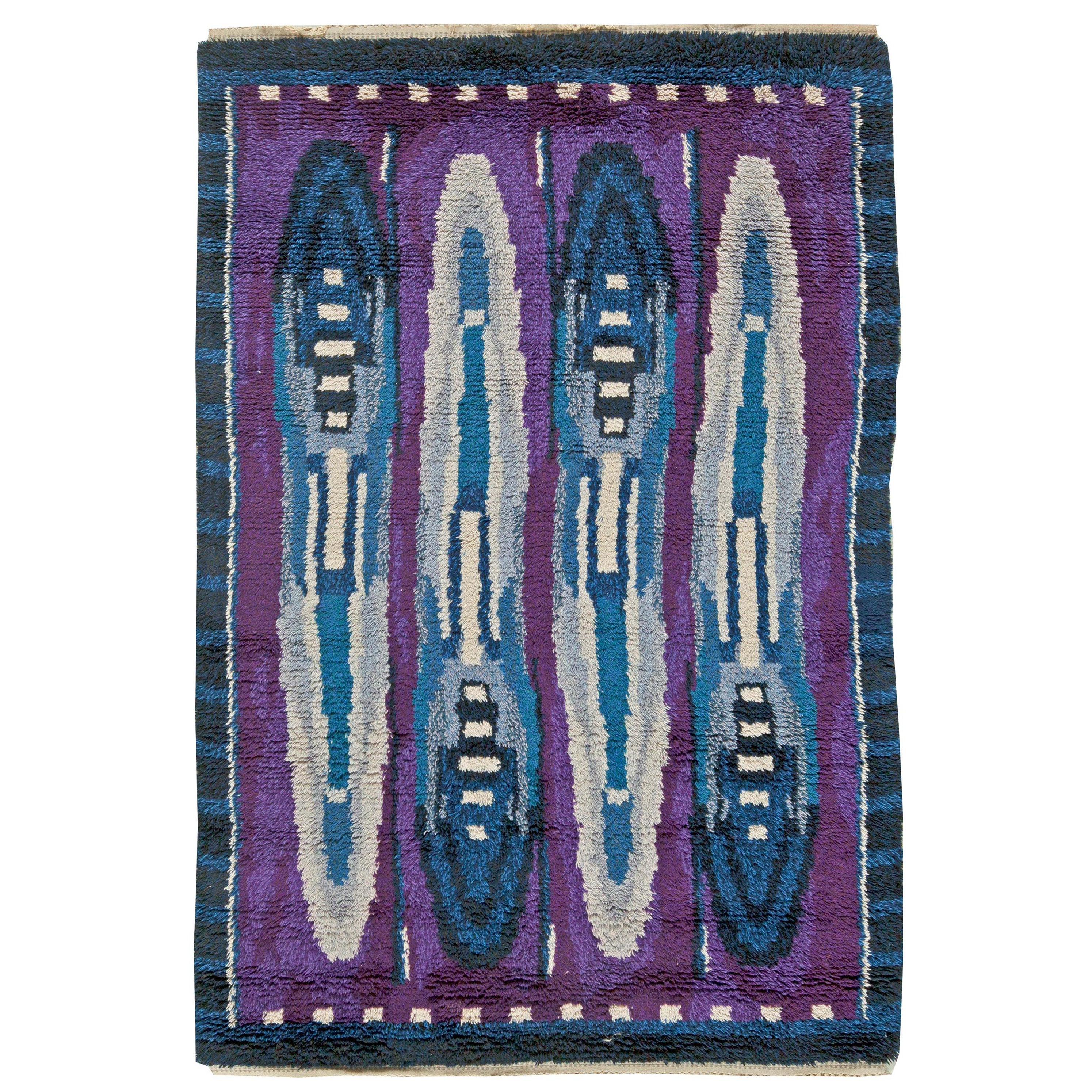 Vintage Rya Blue and Purple Handmade Wool Rug