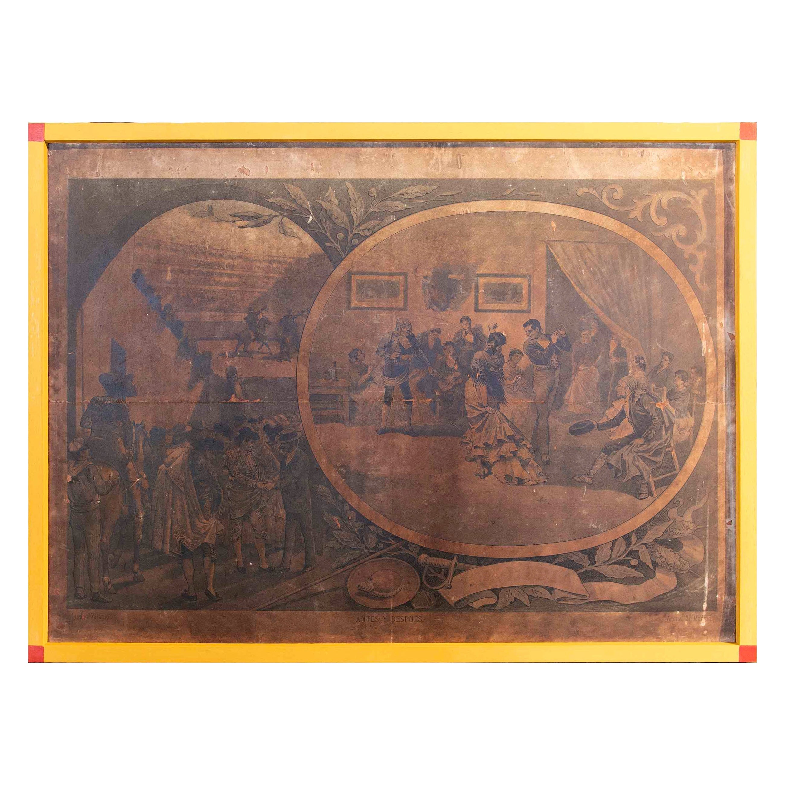 19th Century Picture Printed on Paper Spanish Scene with Framed For Sale