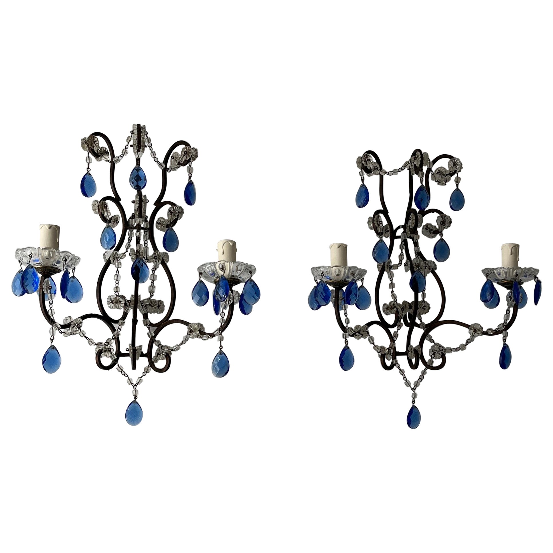 Beautiful French Cobalt Blue Prisms Macaroni Bead Swags Sconces c1920 For Sale