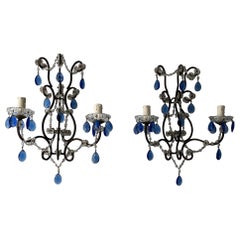 Used Beautiful French Cobalt Blue Prisms Macaroni Bead Swags Sconces c1920