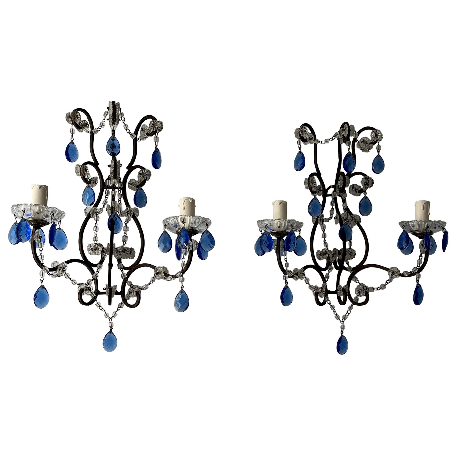 Beautiful French Cobalt Blue Prisms Macaroni Bead Swags Sconces c1920