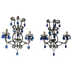 Schöne französische kobaltblaue Prismen Macaroni Perlen Swags Wandleuchter um 1920