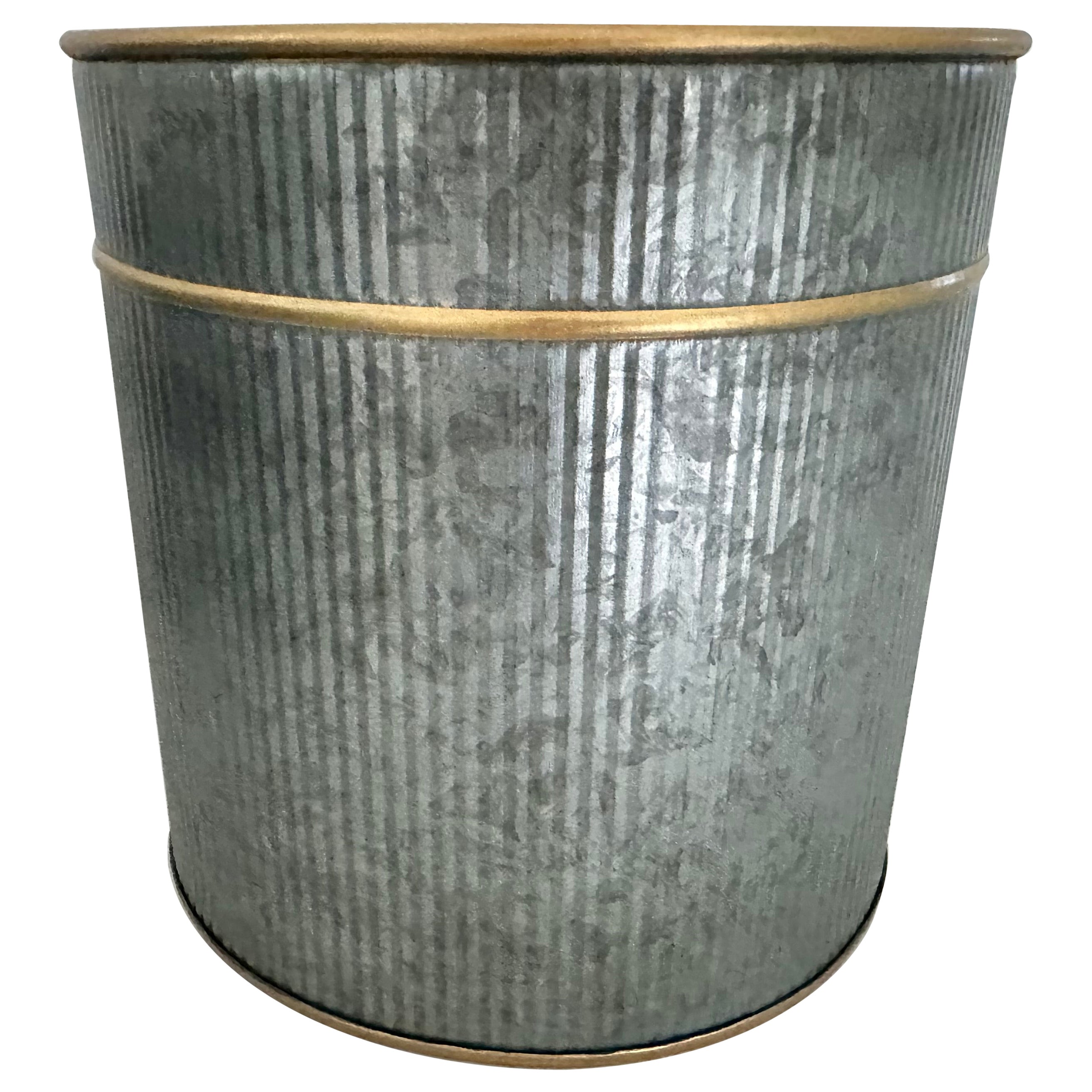 Hollywood Regency Style Metal Waste Basket with Gilt Accent For Sale