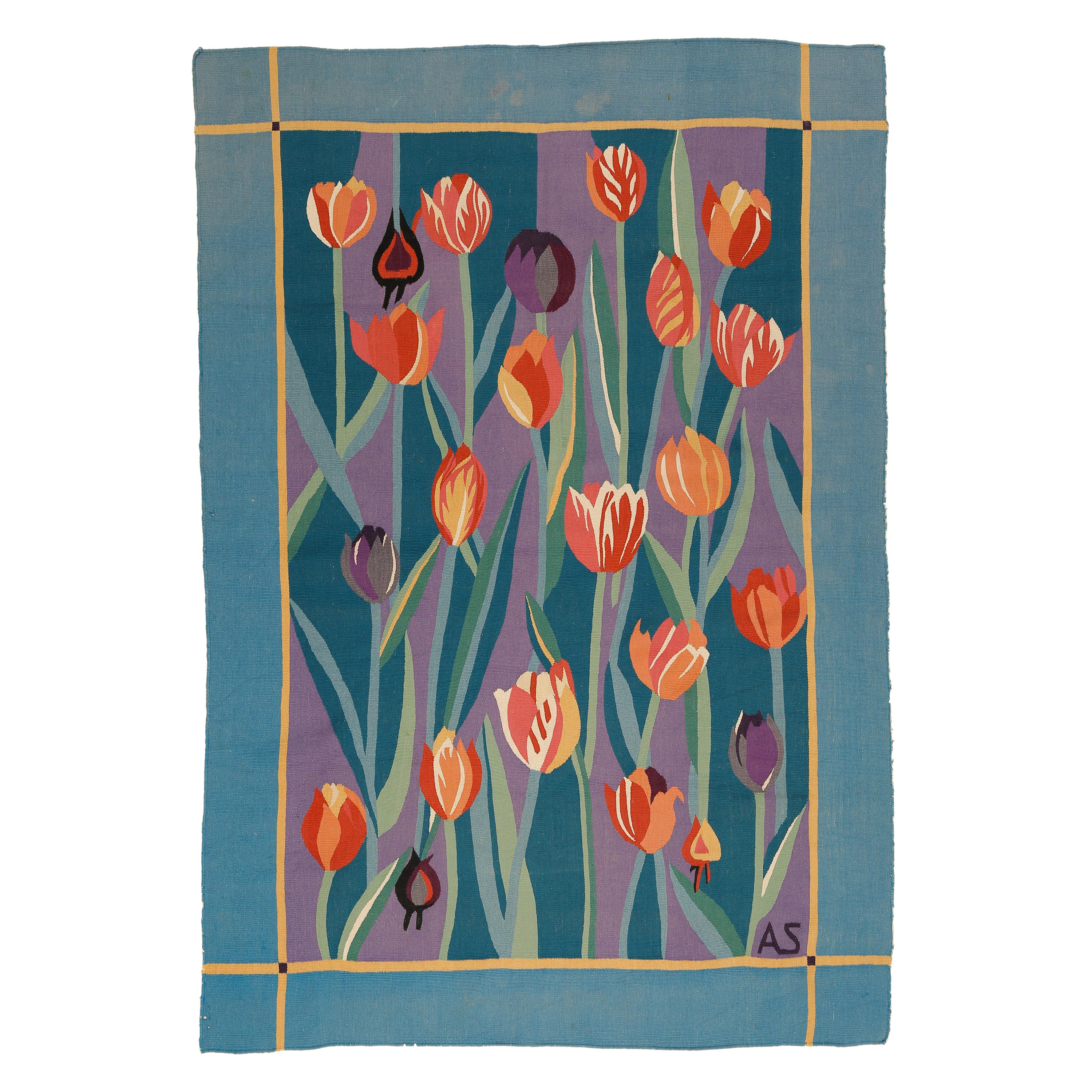 French Art Deco Tapestry Rug with Tulips Signed AS For Sale