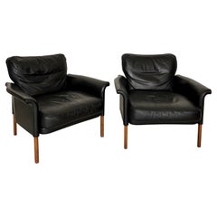 Pair Mid Century Black Leather Armchairs by Hans Olsen, Denmark, around 1960