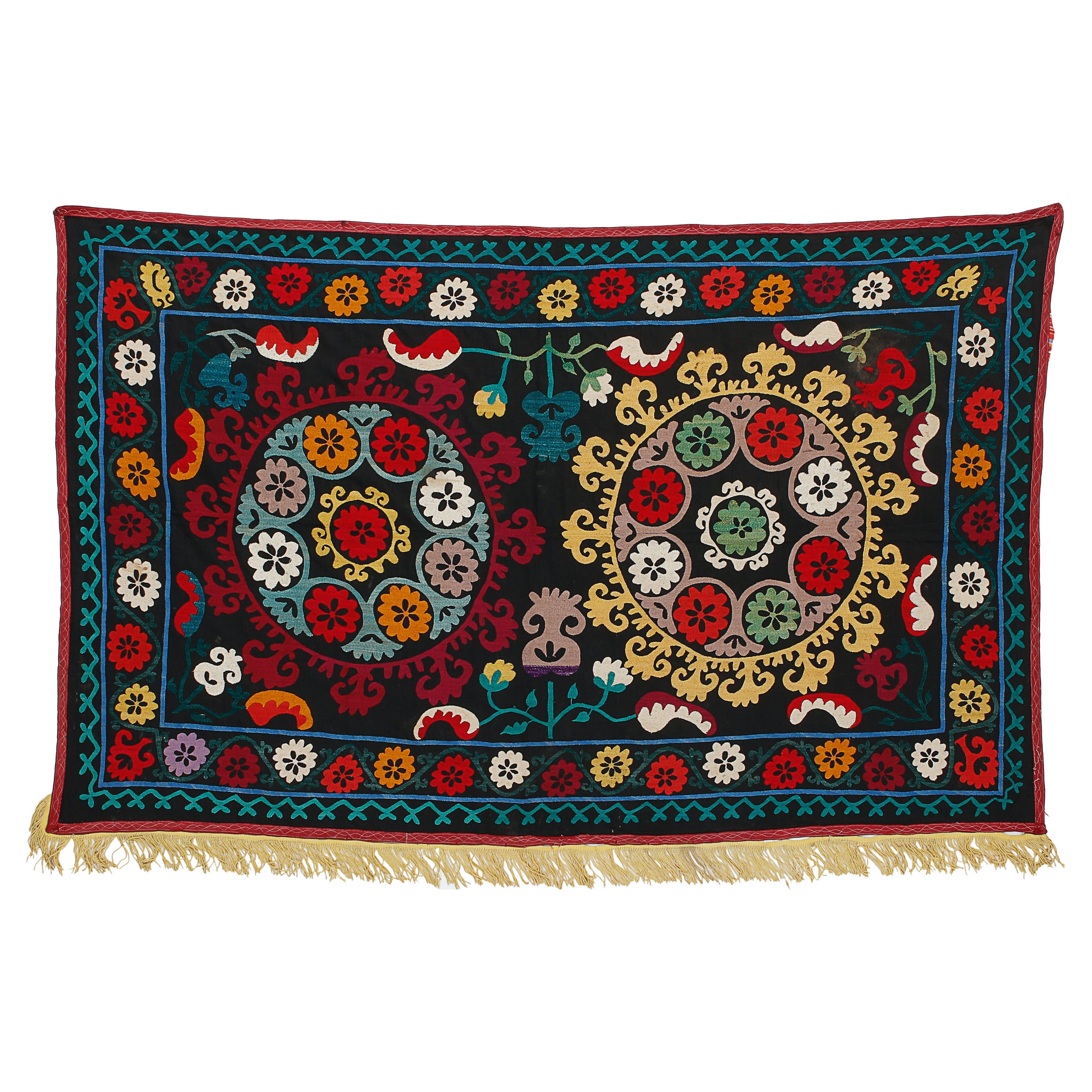 3'9"x6' Usbekistan Suzani Wandbehang, farbenfroher Tischteppich, Seidenstickerei-Wandteppich im Angebot