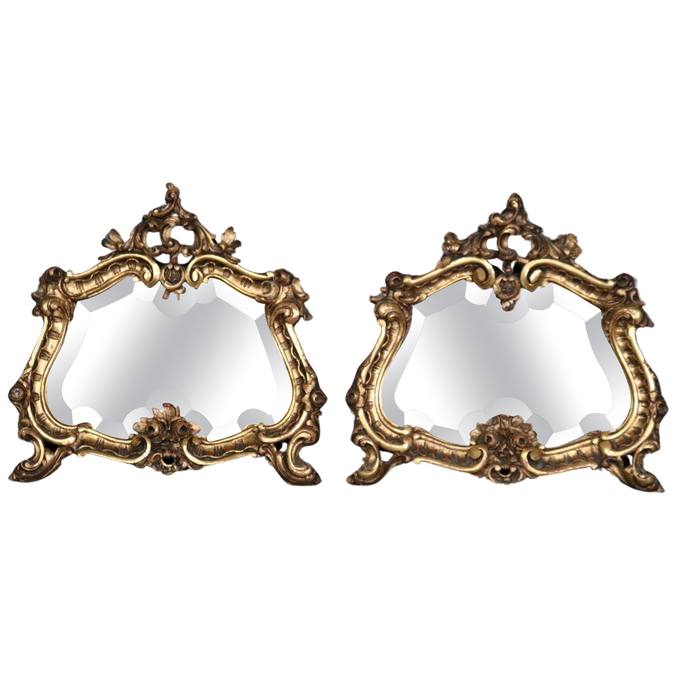 Pair of Small Beveled Italian Rococo Gilded Mirrors For Sale