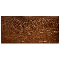 Substantiel panneau décoratif en cuivre avec scène de chasse