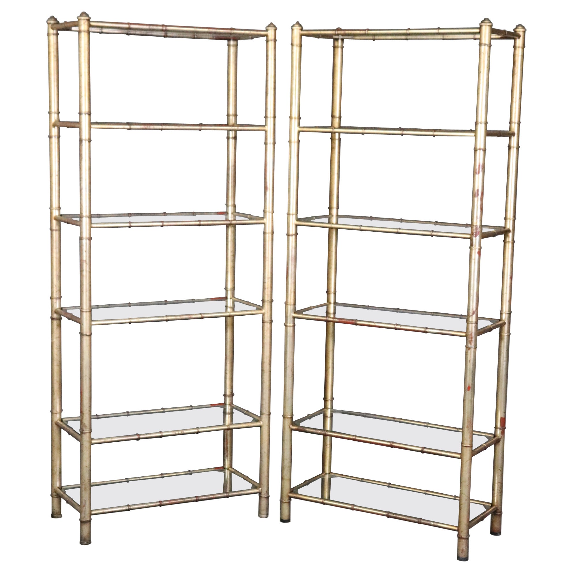 Pair of Hollywood Regency Style Gilded Metal Faux Bamboo Etageres Bookcases
