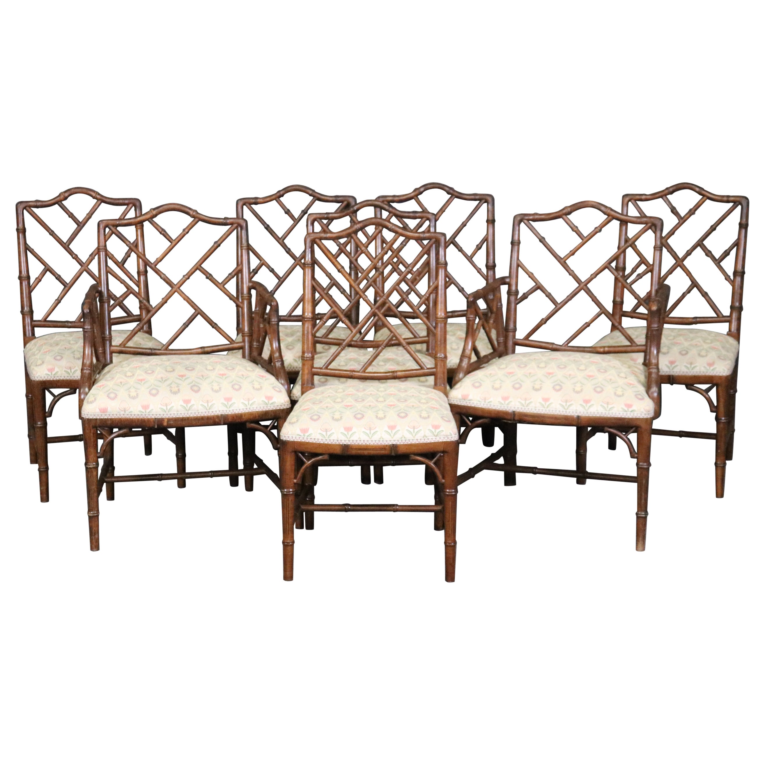 Set of 8 Chinese Chippendale Faux Bamboo Dining Chairs 