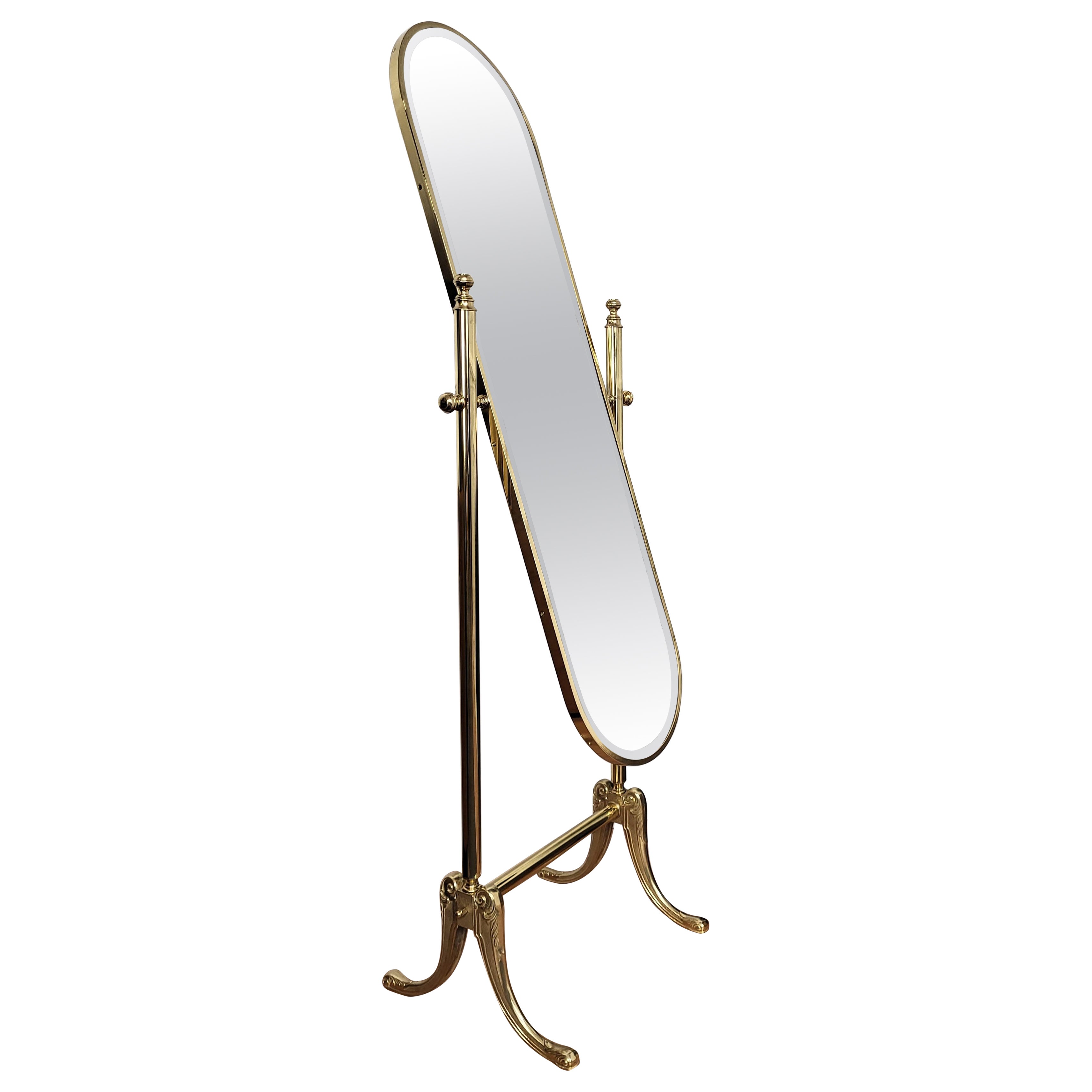 1980 Italian Gilt Brass Hollywood Regency Cheval Full Lenght Floor Mirror (miroir de sol) en vente