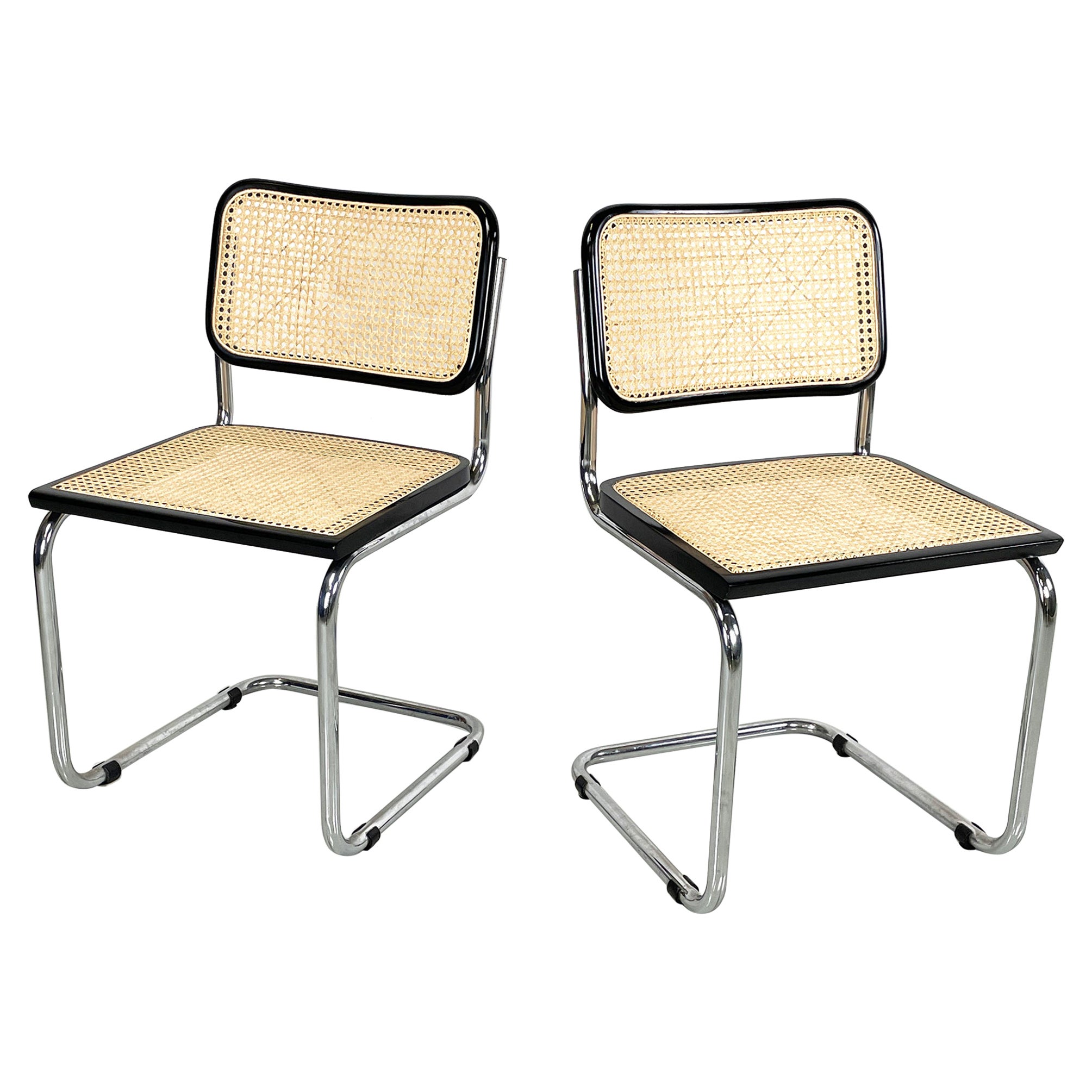 Italian mid-century modern Chairs in straw, black wood and steel, 1960s