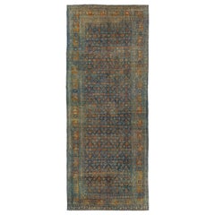 Tapis de couloir persan Bidjar ancien en laine bleu à motifs intégraux 
