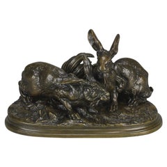 Bronze animalier du milieu du 19e siècle intitulé "Deux Lapins" par Pierre Jules Mêne