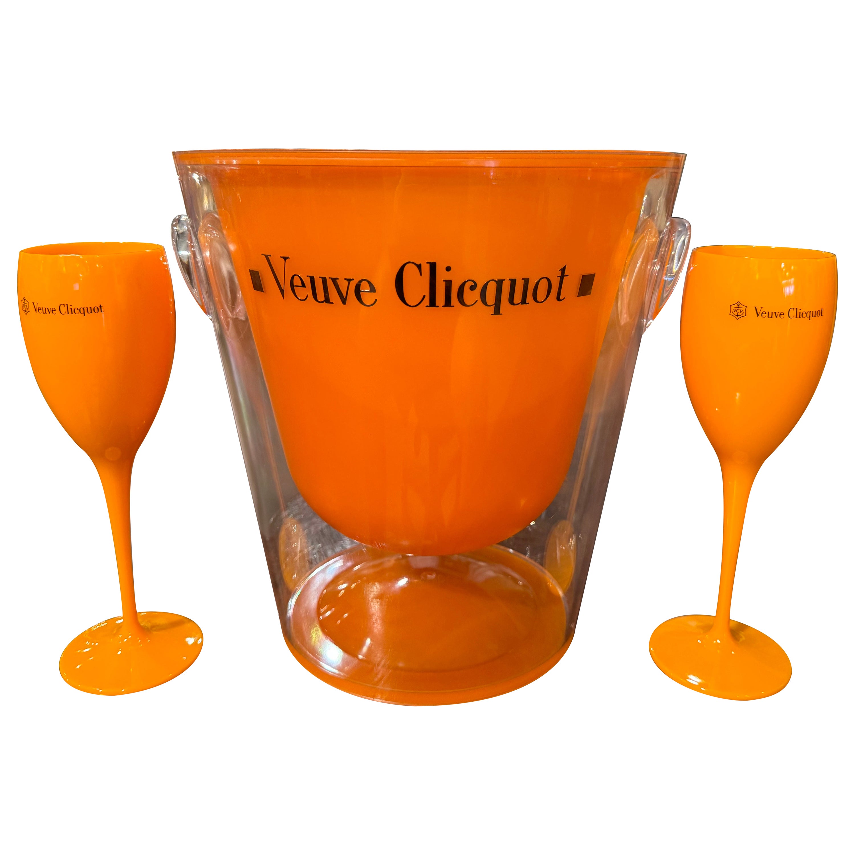 Vintage French Acrylic "Veuve Clicquot" Champagne Cooler Bucket and Two Flutes