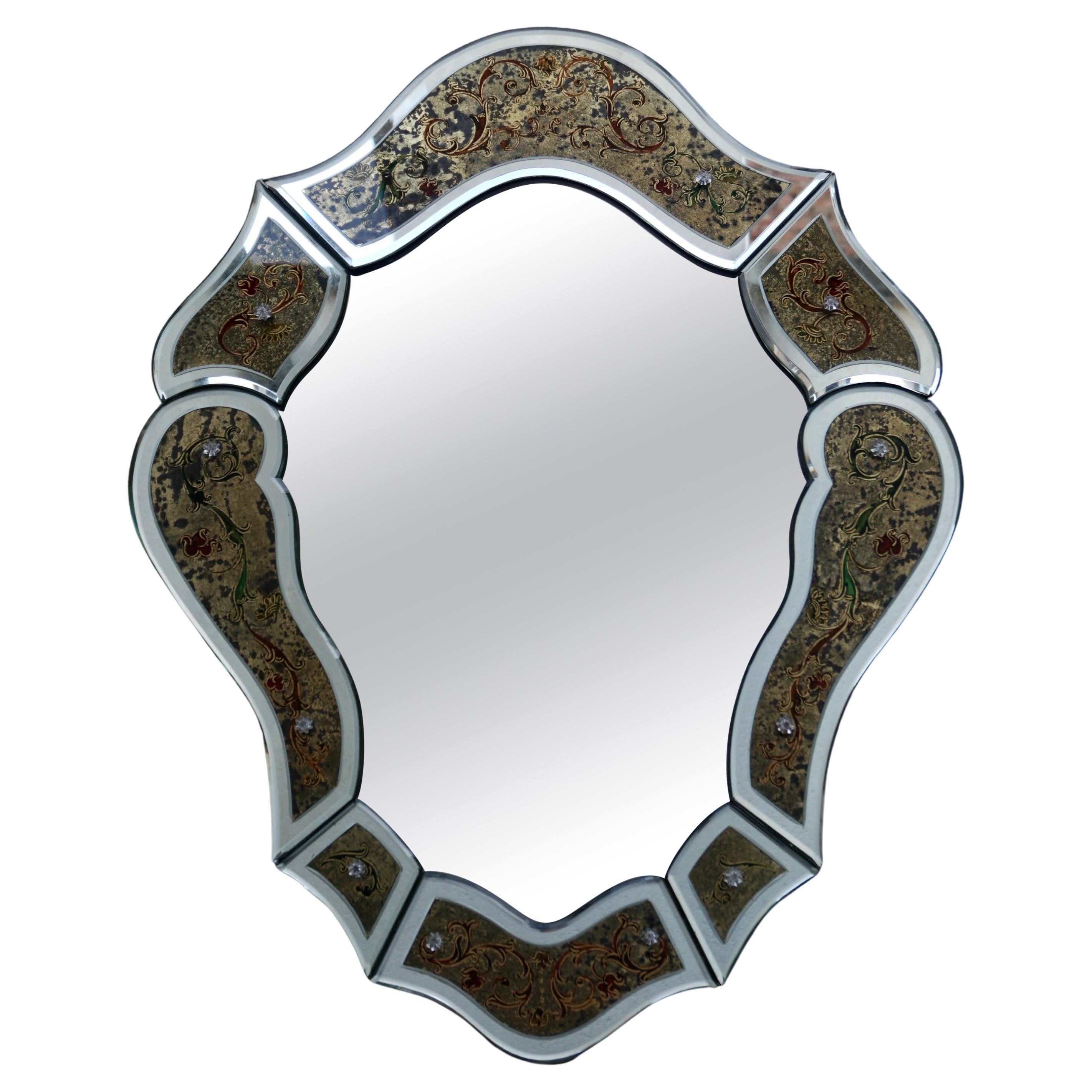 Eglomisé Venetian Mirror with Floral Details, Italy, 20th Century For Sale