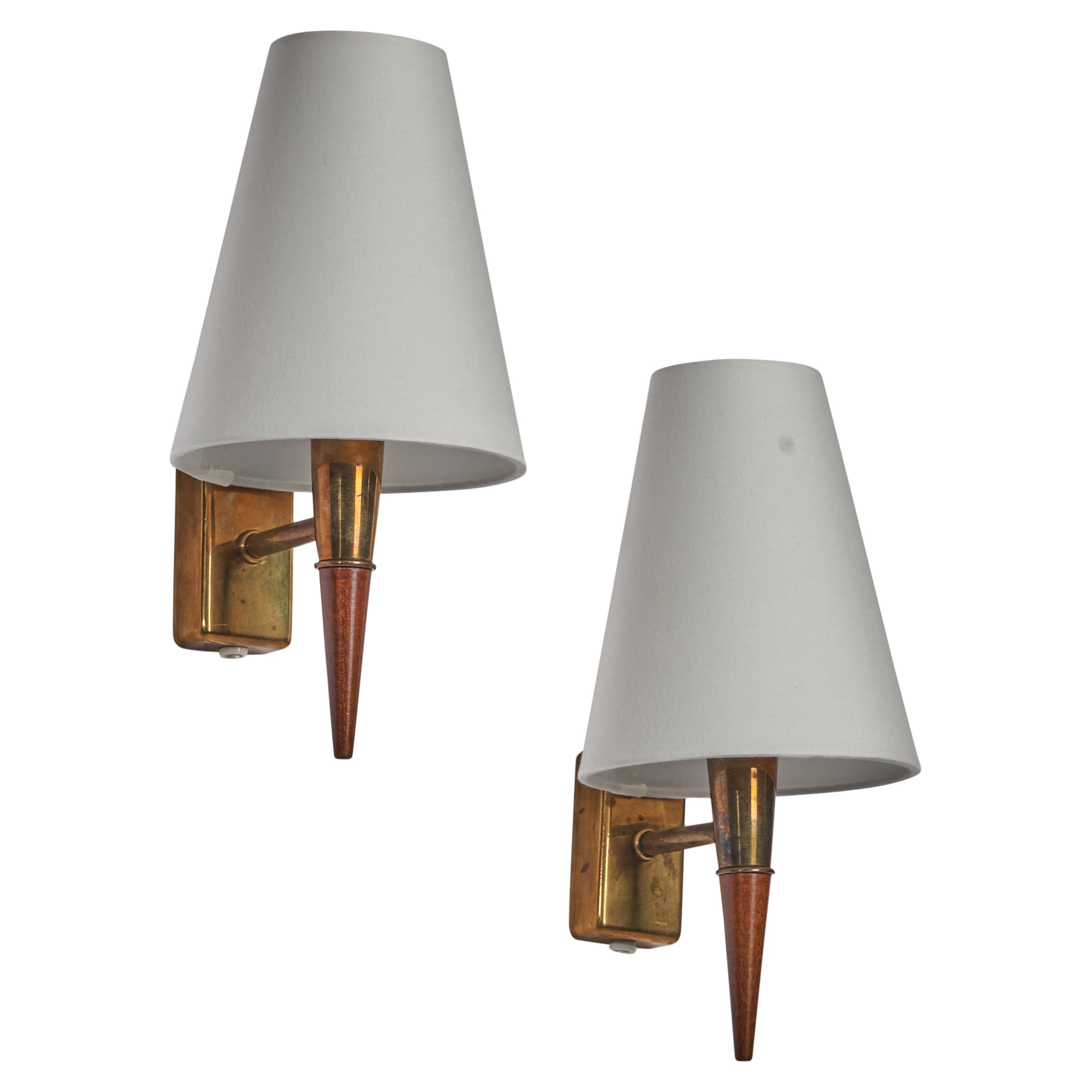 Swedish Designer, Wall Lights, Teak, Brass, Fabric, Sweden, 1950s For Sale