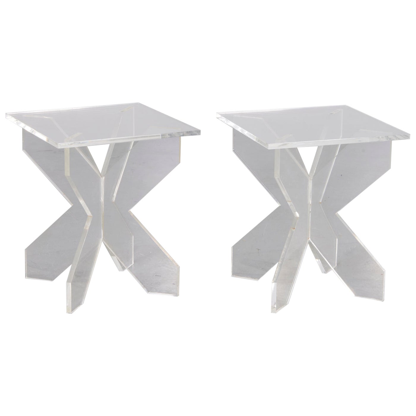 A Pair of 20th c. Custom Lucite Side Tables on an X-Base For Sale