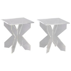 A Pair of 20th c. Custom Lucite Side Tables on an X-Base