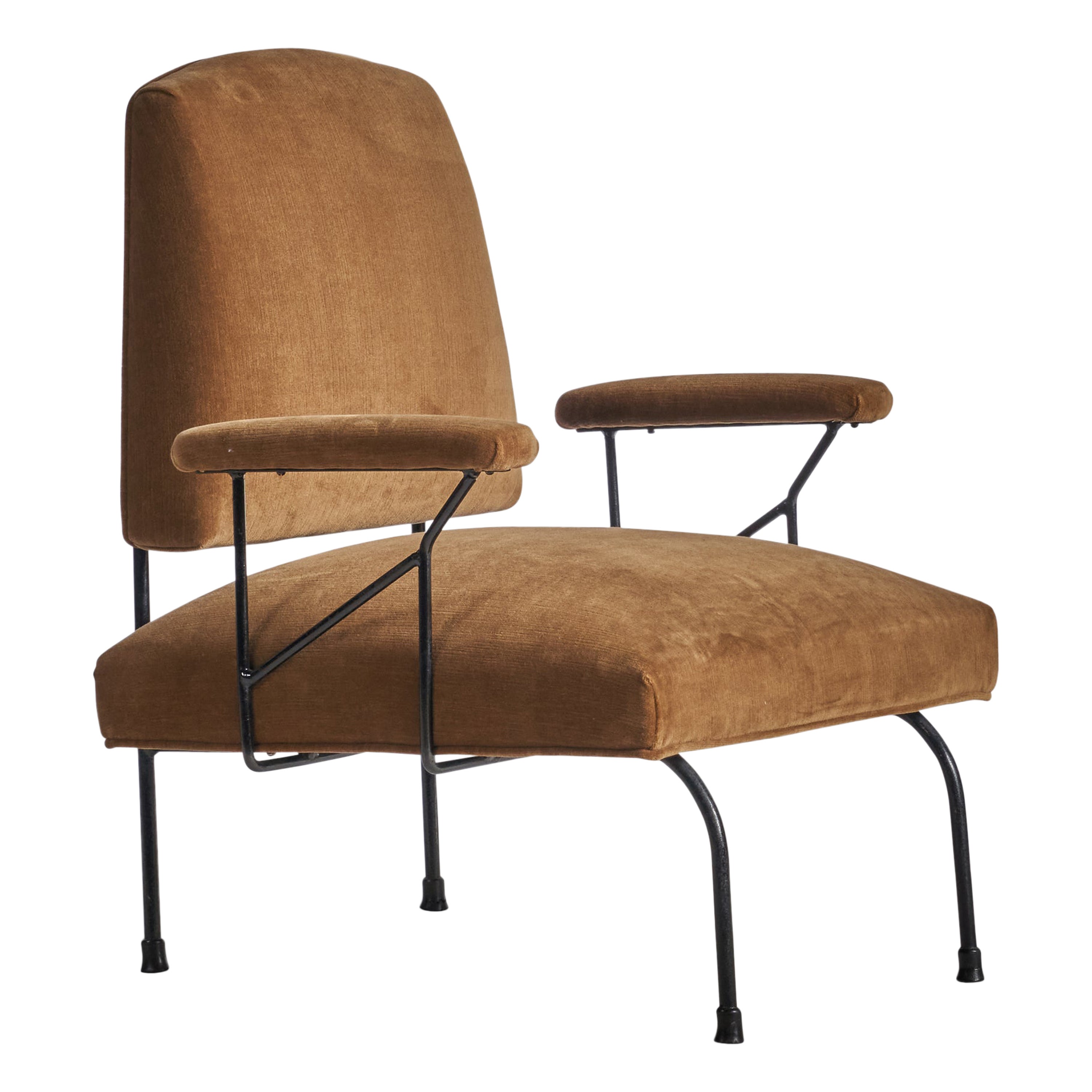 Italian Designer, Lounge Chair, Iron, Velvet, Italy, 1940s