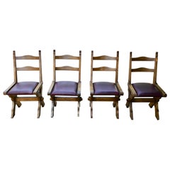 Set of 4 Golden Oak Arts and Crafts X Frame Refectory Dining Chairs  