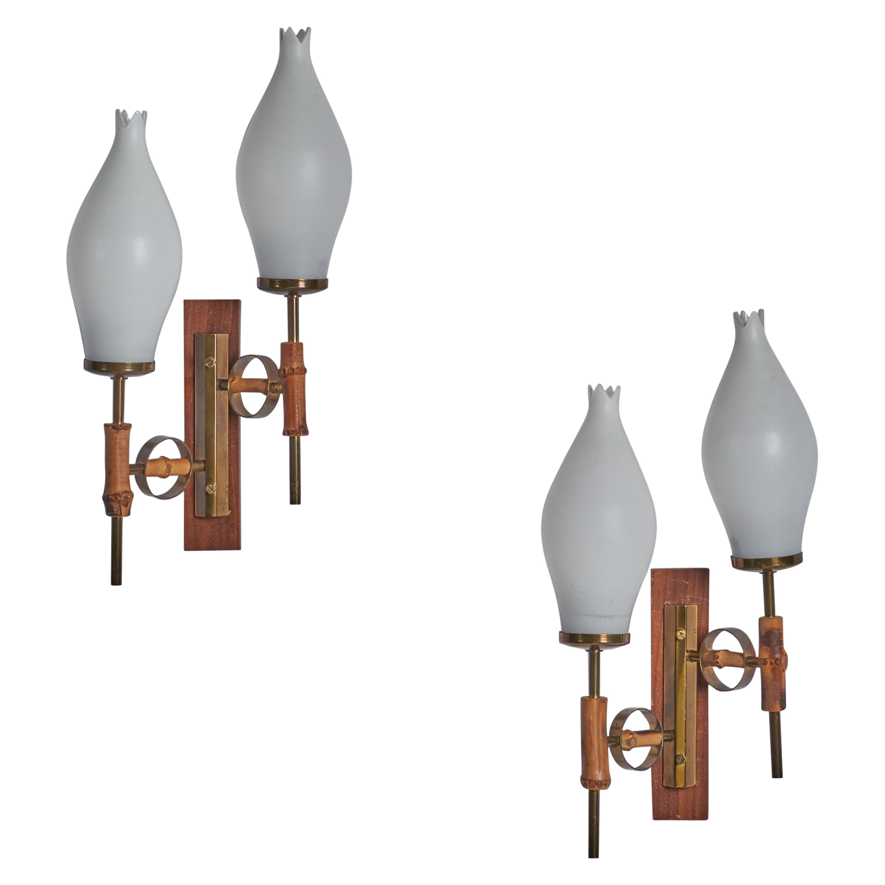 Italian Designer, Wall Lights, Brass, Bamboo, Teak, Glass, Italy 1950s For Sale