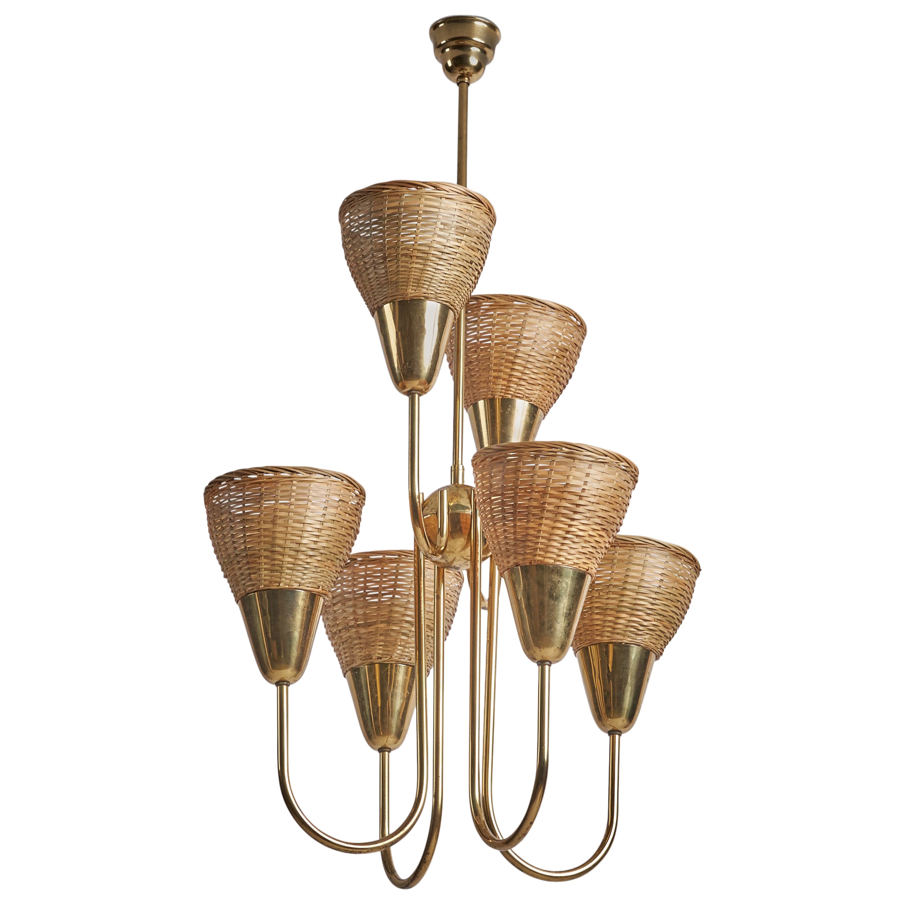 Itsu, Chandelier, Brass, Rattan, Finland, 1950s